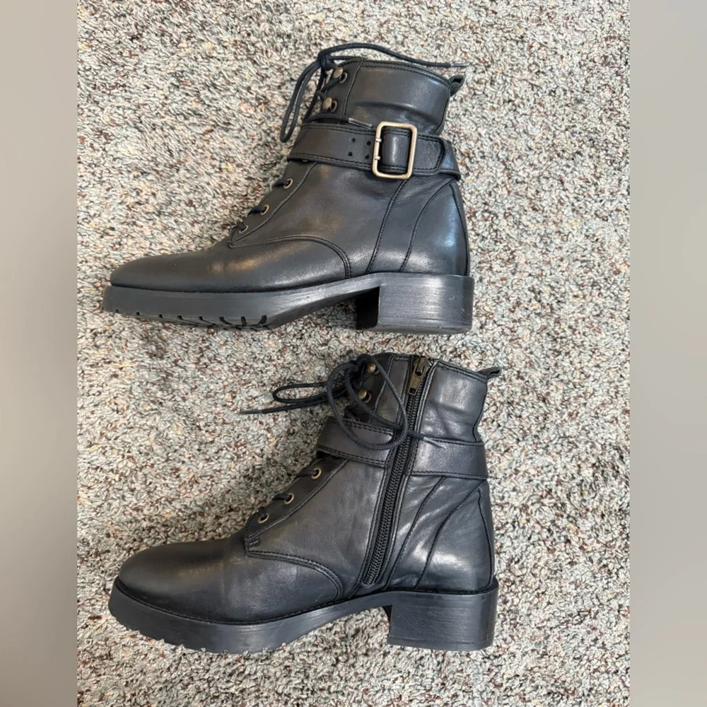 Sezane Black Leather Lace-Up Ankle Boots with Buckle